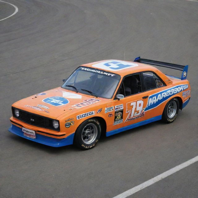 A Lada car redesigned in the NASCAR aesthetic, with striking colors, race-specific modifications, and festooned with a variety of sponsor logos.