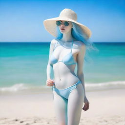 Create an image of a woman with pale blue skin, wearing a bikini