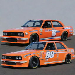 A Lada car redesigned in the NASCAR aesthetic, with striking colors, race-specific modifications, and festooned with a variety of sponsor logos.