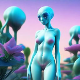 Create an image of a female alien with pale blue skin, wearing a bikini