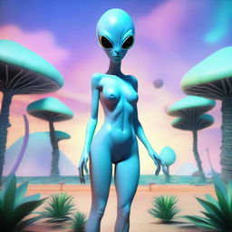 Create an image of a female alien with pale blue skin, wearing a bikini