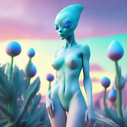 Create an image of a female alien with pale blue skin, wearing a bikini