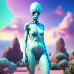 Create an image of a human-like female alien with pale blue skin, wearing a bikini