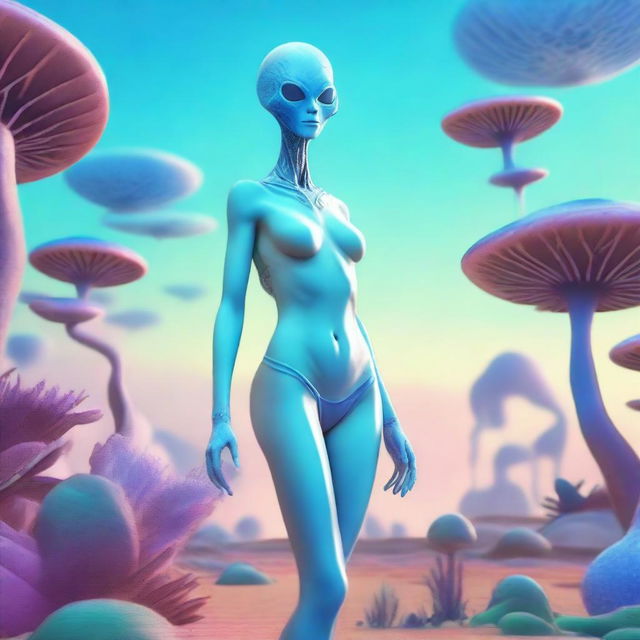 Create an image of a human-like female alien with pale blue skin, wearing a bikini