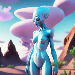 Create an image of a human-like female alien with pale blue skin, wearing a bikini