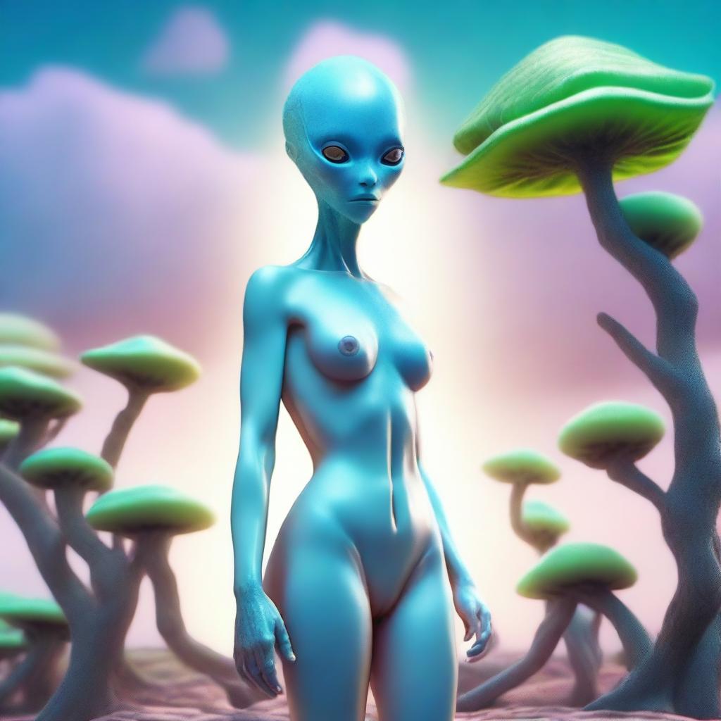 Create an image of a human-like female alien with pale blue skin, wearing a bikini