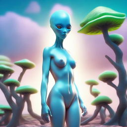 Create an image of a human-like female alien with pale blue skin, wearing a bikini