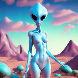 Create an image of a human-like female alien with pale blue skin, wearing a bikini