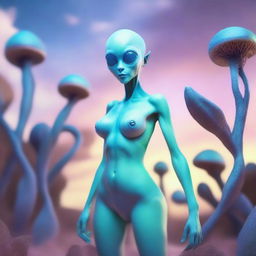 Create an image of a human-like female alien with pale blue skin, wearing a bikini