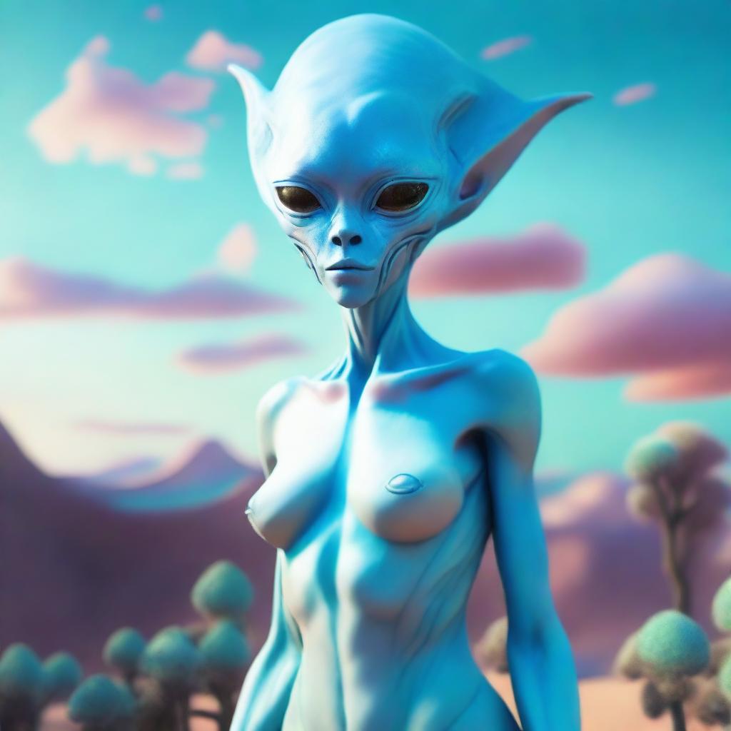 Create an image of a human-like female alien with pale blue skin, wearing a bikini