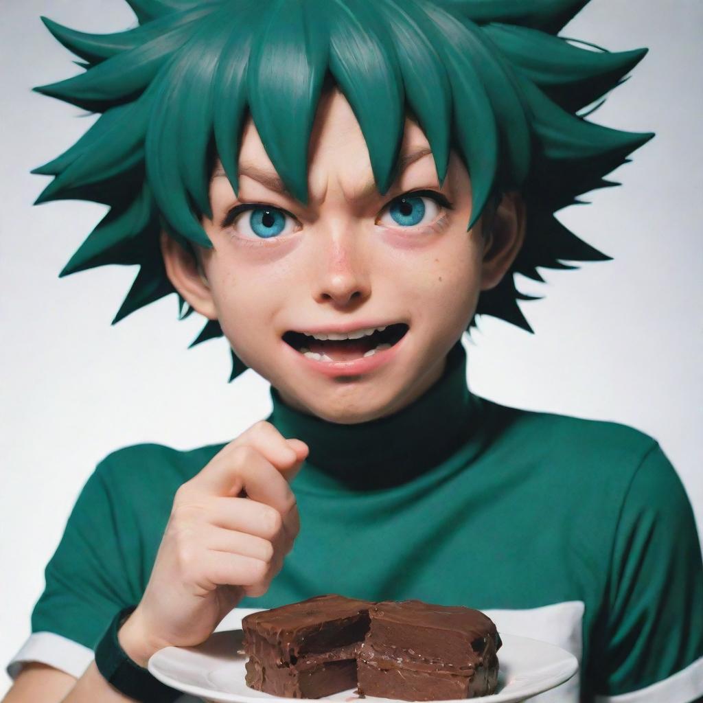 Izuku Midoriya, a character from My Hero Academia, with a determined and serious expression as he aggressively devours a piece of delicious fudge.