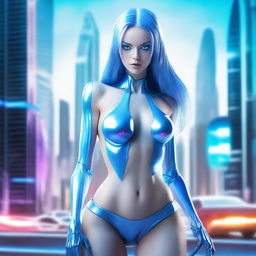 A stunning alien woman who looks mostly human, with pale blue skin and an extremely attractive appearance