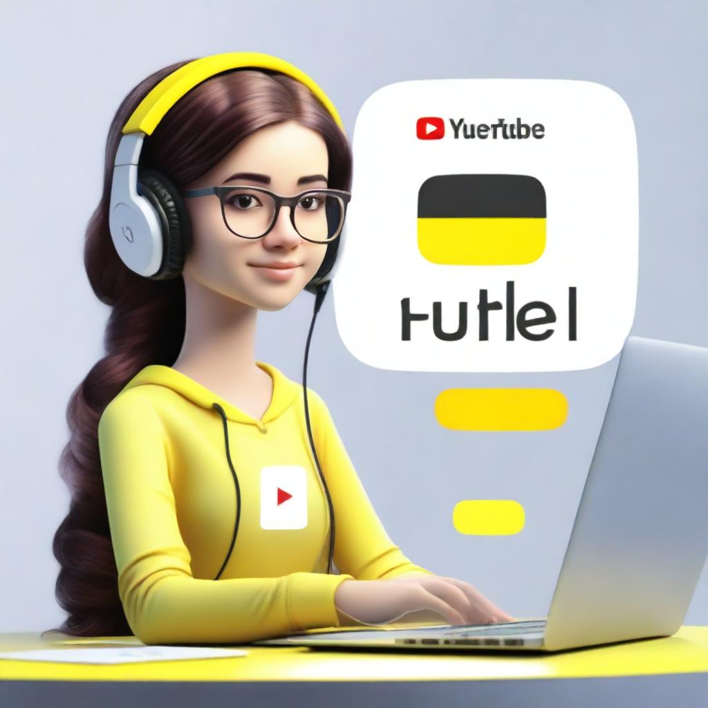 Create a 3D illustration featuring a realistic 17-year-old beautiful girl busy developing software in front of a 3D logo of 'YouTube'