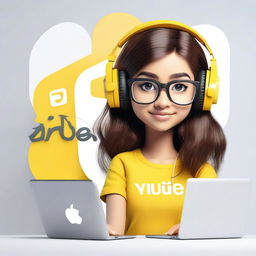 Create a 3D illustration featuring a realistic 17-year-old beautiful girl busy developing software in front of a 3D logo of 'YouTube'