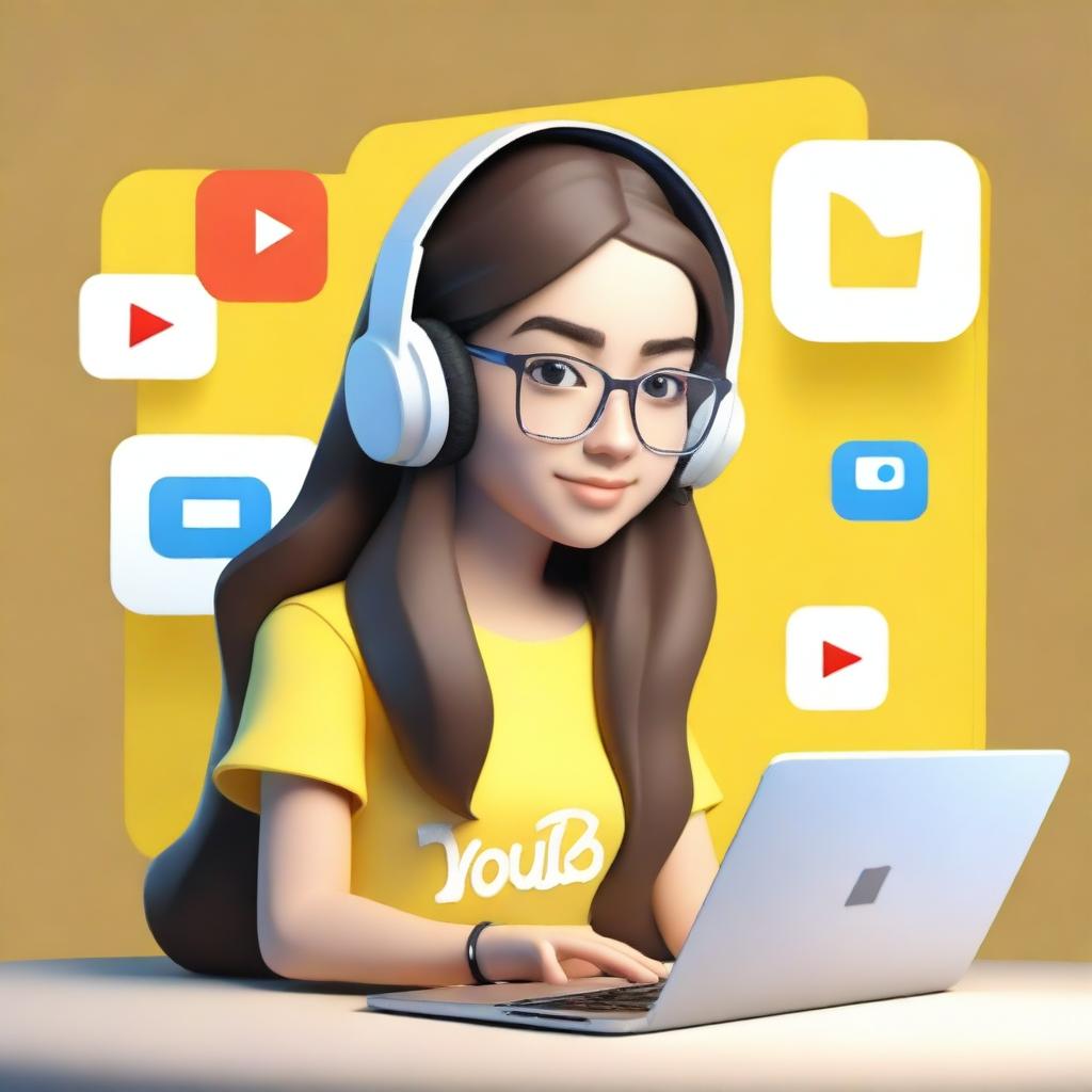 Create a 3D illustration featuring a realistic 17-year-old beautiful girl busy developing software in front of a 3D logo of 'YouTube'