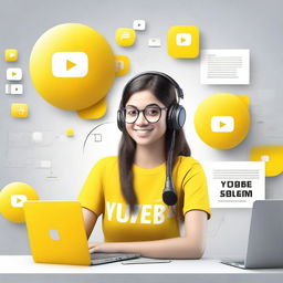 Create a 3D illustration featuring a realistic 17-year-old beautiful girl busy developing software in front of a 3D logo of 'YouTube'