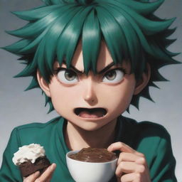 Izuku Midoriya, a character from My Hero Academia, with a determined and serious expression as he aggressively devours a piece of delicious fudge.