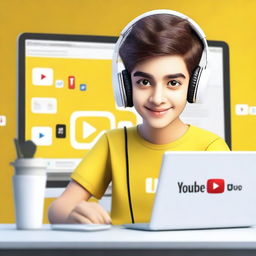 Create a 3D illustration featuring a realistic 17-year-old beautiful boy busy developing software in front of a 3D logo of 'YouTube'