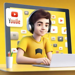 Create a 3D illustration featuring a realistic 17-year-old beautiful boy busy developing software in front of a 3D logo of 'YouTube'