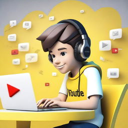 Create a 3D illustration featuring a realistic 17-year-old beautiful boy busy developing software in front of a 3D logo of 'YouTube'