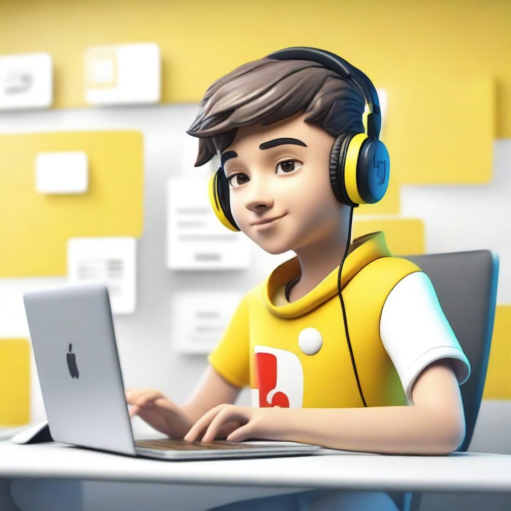 Create a 3D illustration featuring a realistic 17-year-old beautiful boy busy developing software in front of a 3D logo of 'YouTube'