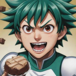 Izuku Midoriya, a character from My Hero Academia, with a determined and serious expression as he aggressively devours a piece of delicious fudge.