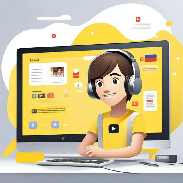 Create an illustration featuring a realistic 17-year-old beautiful boy busy developing software in front of a 3D logo of 'YouTube'