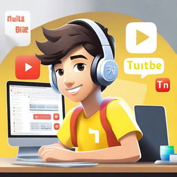 Create an illustration featuring a realistic 17-year-old beautiful boy busy developing software in front of a 3D logo of 'YouTube'