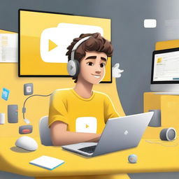 Create an illustration featuring a realistic 17-year-old beautiful boy busy developing software in front of a 3D logo of 'YouTube'