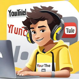 Create an illustration featuring a realistic 17-year-old beautiful boy busy developing software in front of a 3D logo of 'YouTube'