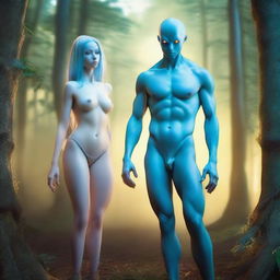 A stunning alien woman who looks mostly human, with pale blue skin and an extremely attractive appearance, wearing a bikini