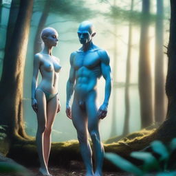 A stunning alien woman who looks mostly human, with pale blue skin and an extremely attractive appearance, wearing a bikini