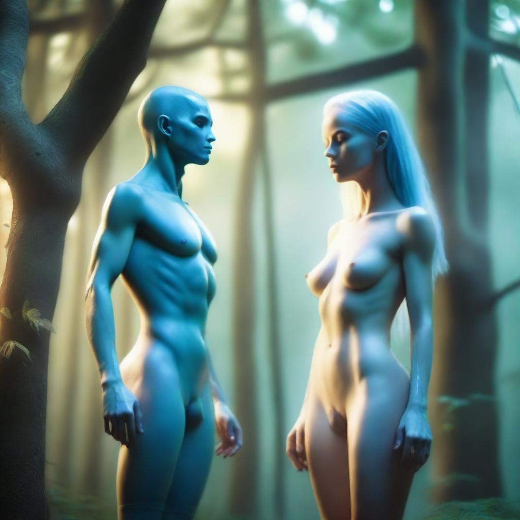 A stunning alien woman who looks mostly human, with pale blue skin and an extremely attractive appearance, wearing a bikini