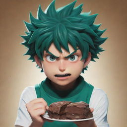 Izuku Midoriya, a character from My Hero Academia, with a determined and serious expression as he aggressively devours a piece of delicious fudge.