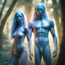 A stunning alien woman who looks mostly human, with pale blue skin and an extremely attractive appearance, wearing a bikini