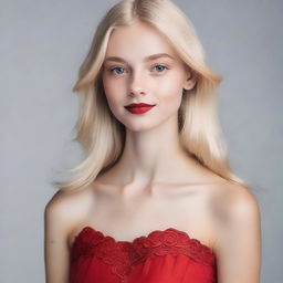 A tall blonde girl who is 18 years old, wearing a red dress