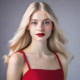 A tall blonde girl who is 18 years old, wearing a red dress