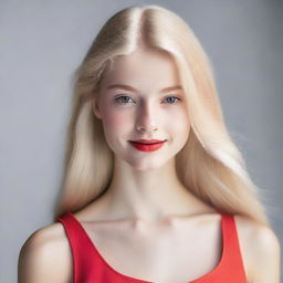 A tall blonde girl who is 18 years old, wearing a red dress