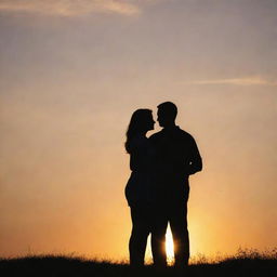 A loving couple standing together during a romantic sunset, their silhouettes gently illuminated by the warm beams of the setting sun.