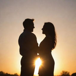 A loving couple standing together during a romantic sunset, their silhouettes gently illuminated by the warm beams of the setting sun.