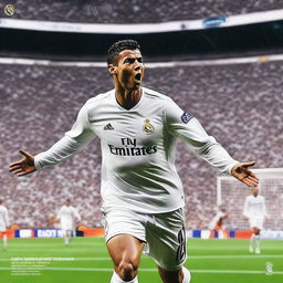 An exciting and dynamic image showcasing the top 100 goals of Cristiano Ronaldo during his time at Real Madrid