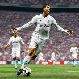 An exciting and dynamic image showcasing the top 100 goals of Cristiano Ronaldo during his time at Real Madrid