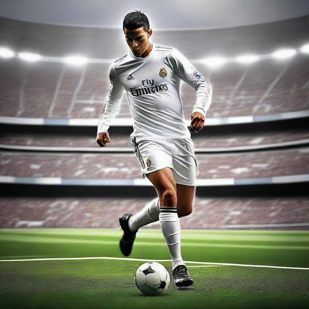 An exciting and dynamic image showcasing the top 100 goals of Cristiano Ronaldo during his time at Real Madrid