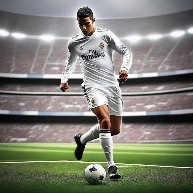 An exciting and dynamic image showcasing the top 100 goals of Cristiano Ronaldo during his time at Real Madrid