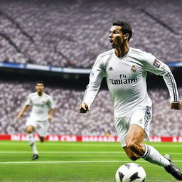 An exciting and dynamic image showcasing the top 100 goals of Cristiano Ronaldo during his time at Real Madrid