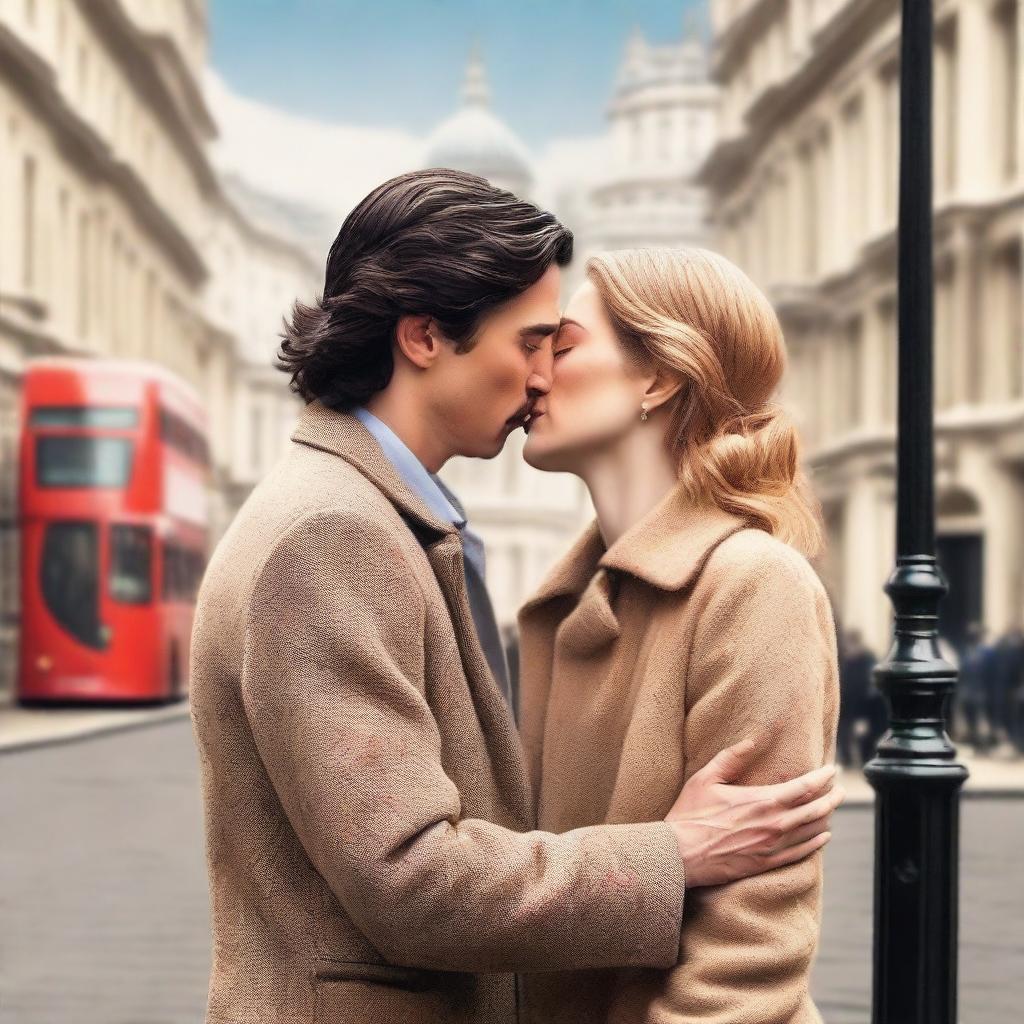 Create a romantic book cover featuring Adam Driver and Jennifer Jason Leigh sharing a kiss in London