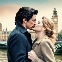 Create a romantic book cover featuring Adam Driver and Jennifer Jason Leigh sharing a kiss in London