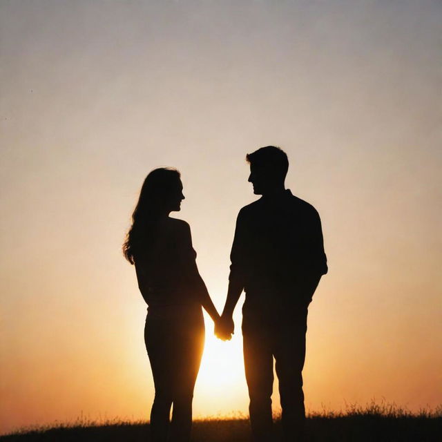 A loving couple standing together during a romantic sunset, their silhouettes gently illuminated by the warm beams of the setting sun.