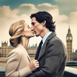 Create a romantic book cover featuring Adam Driver and Jennifer Jason Leigh sharing a kiss in London