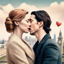 Create a romantic book cover featuring Adam Driver and Jennifer Jason Leigh sharing a kiss in London